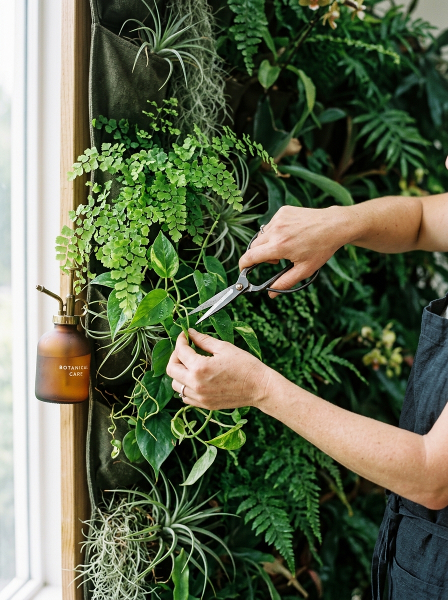 Botanical designer pruning living vertical wall plants