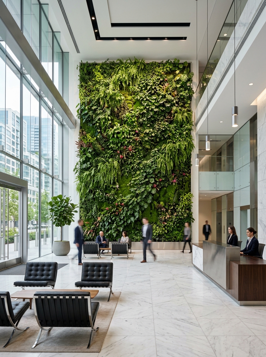 Expansive corporate office lobby biophilic vertical wall